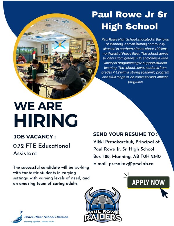 Infographic of a Job Vacancy. 0.72FTE EA required at Paul Rowe Jr Sr High School