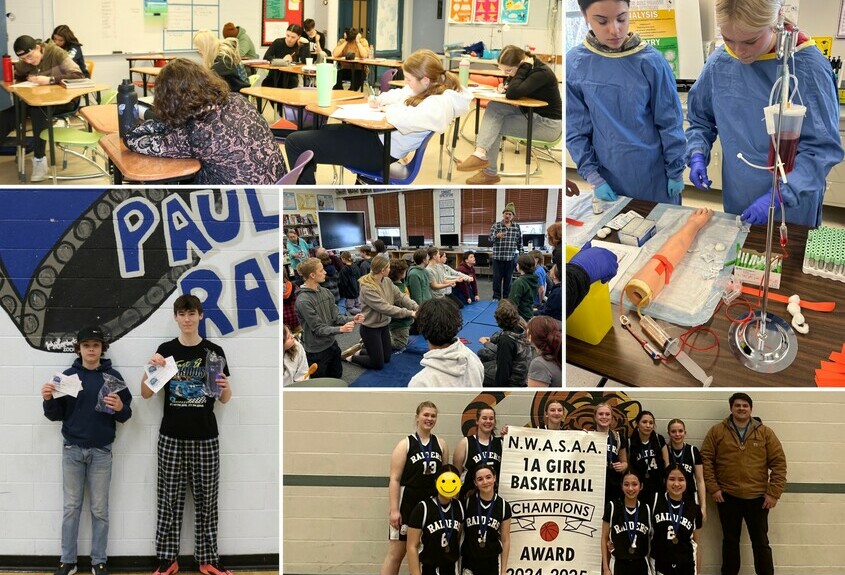 a collage of images representing academics, athletics, career day, hand games and student of the month